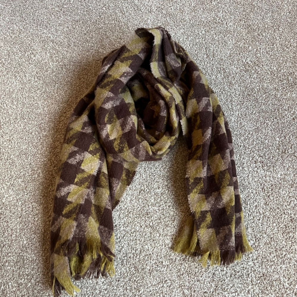 Brown Olive Green Houndstooth Blanket Scarf Oversized Fringed Wrap Shawl
